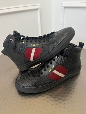 Bally Hedern Black High-Top Sneakers with Red and White Stripe